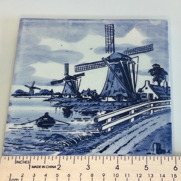 Delft Blue Vintage Dutch Hand Painted Windmill Water 6” Tile Trivet Delftware - Picture 7 of 9